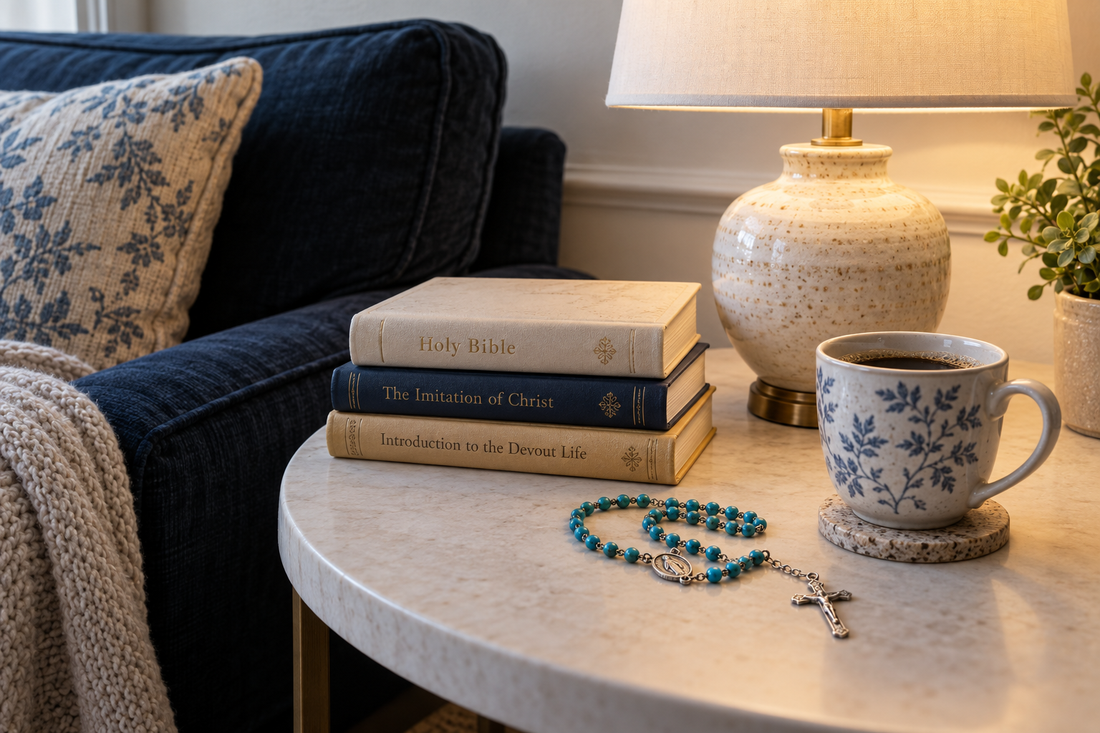 Catholic books and a turquoise rosary beside a cup of coffee in a cozy reading corner.