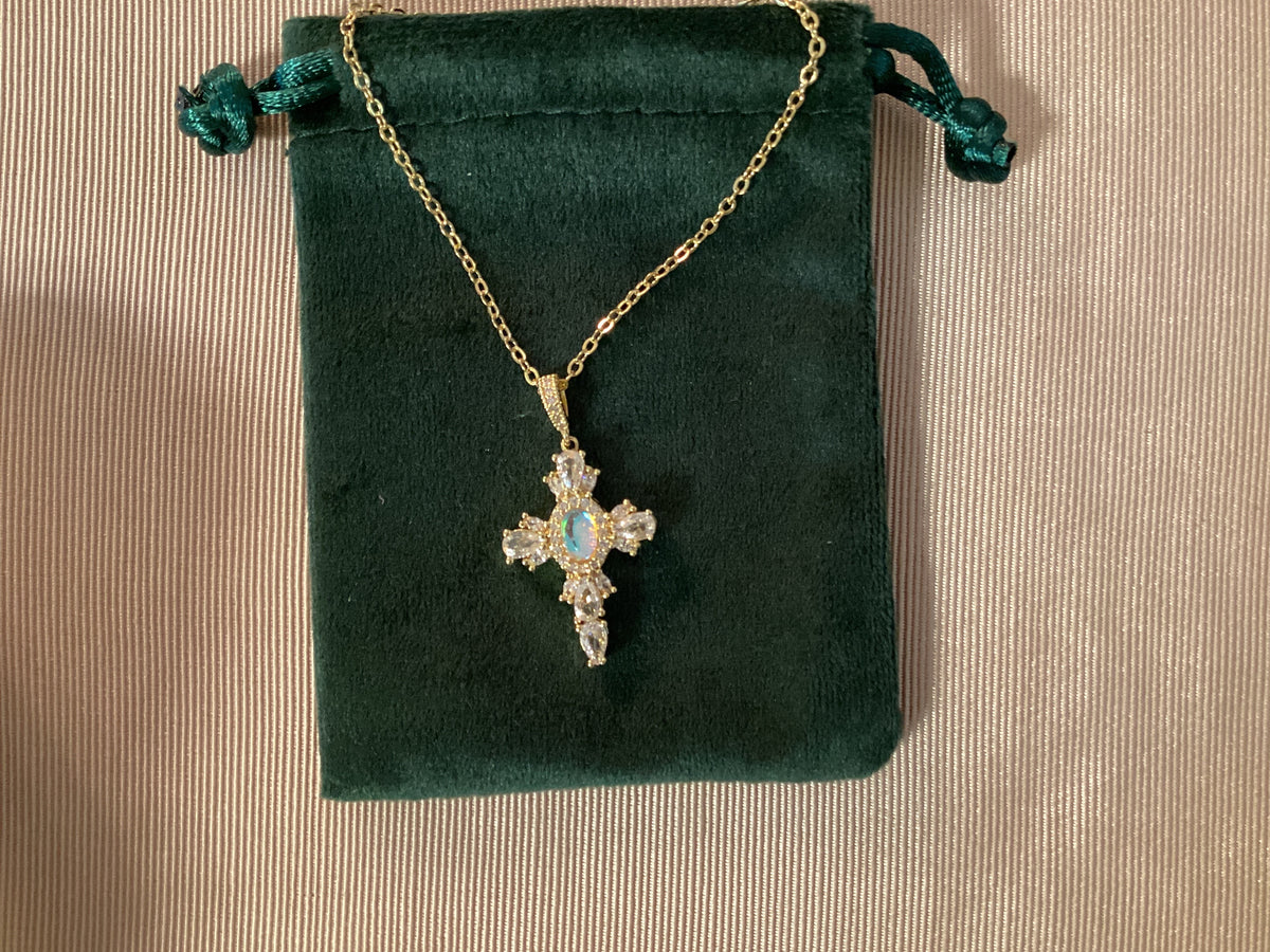 Moonstone Cross on Dainty paper clip chain.- Gold Filled